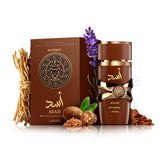 Lattafa Asad Bourbon EDP 100ml men's fragrance bottle, front view. Woody, spicy scent. Image 1 of 4.