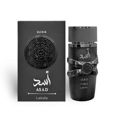 Asad Elixir Lattafa EDP 100ml, bold men's perfume bottle, close-up, image 2 of 2.