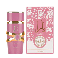 Yara Elixir Lattafa EDP 100ml bottle, showing the elegant pink and gold design, luxurious women's perfume.