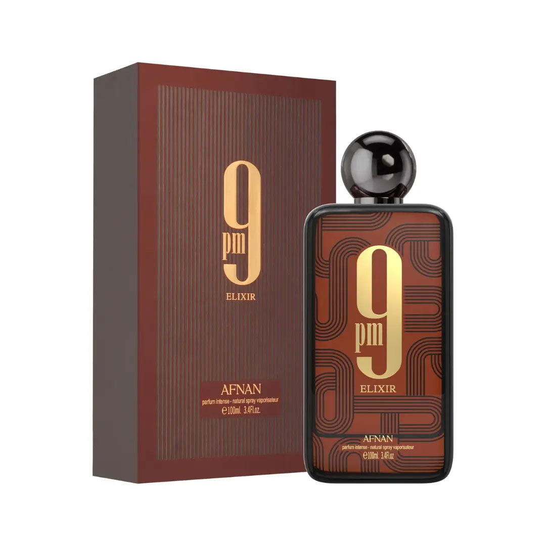 Afnan 9pm Elixir EDP 100ml men's perfume bottle, third image. Long-lasting, sophisticated fragrance.