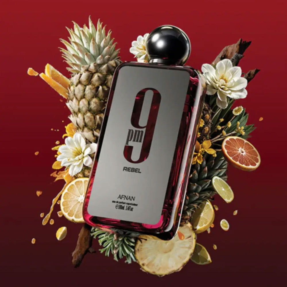 Afnan 9pm Rebel Perfume for Men, 100ml EDP bottle, angled view, 2 of 3.