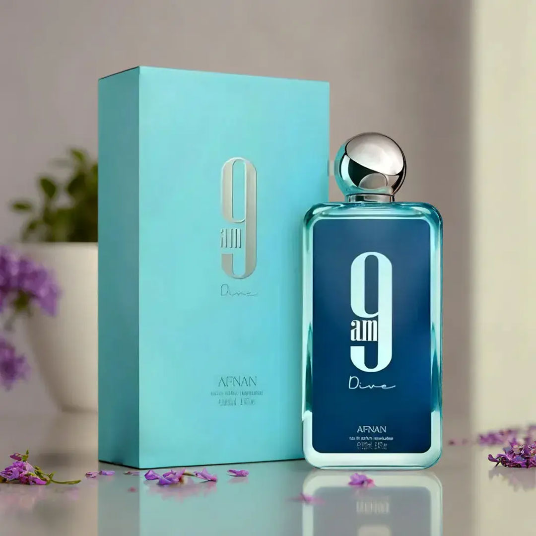 Afnan 9am Dive 100ml perfume bottle, fresh aromatic fragrance. Image 1 of 2.