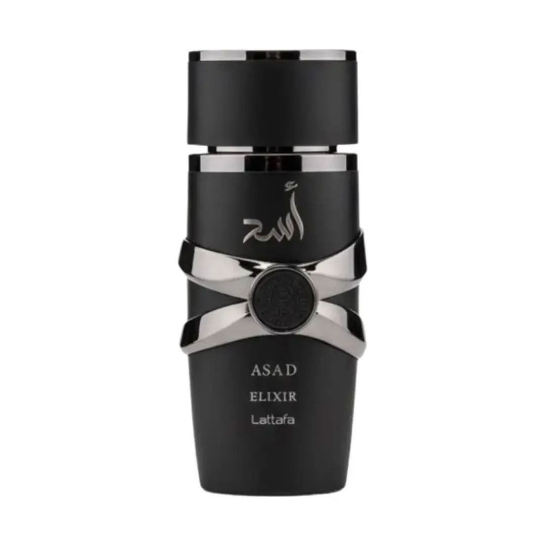 Asad Elixir Lattafa EDP 100ml - Bold men's perfume bottle, front view.