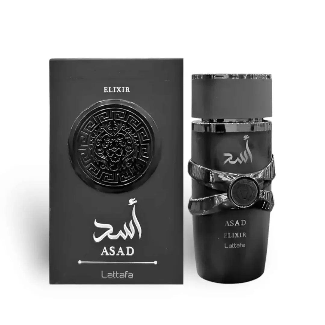 Asad Elixir Lattafa EDP 100ml, bold men's perfume bottle, close-up, image 2 of 2.