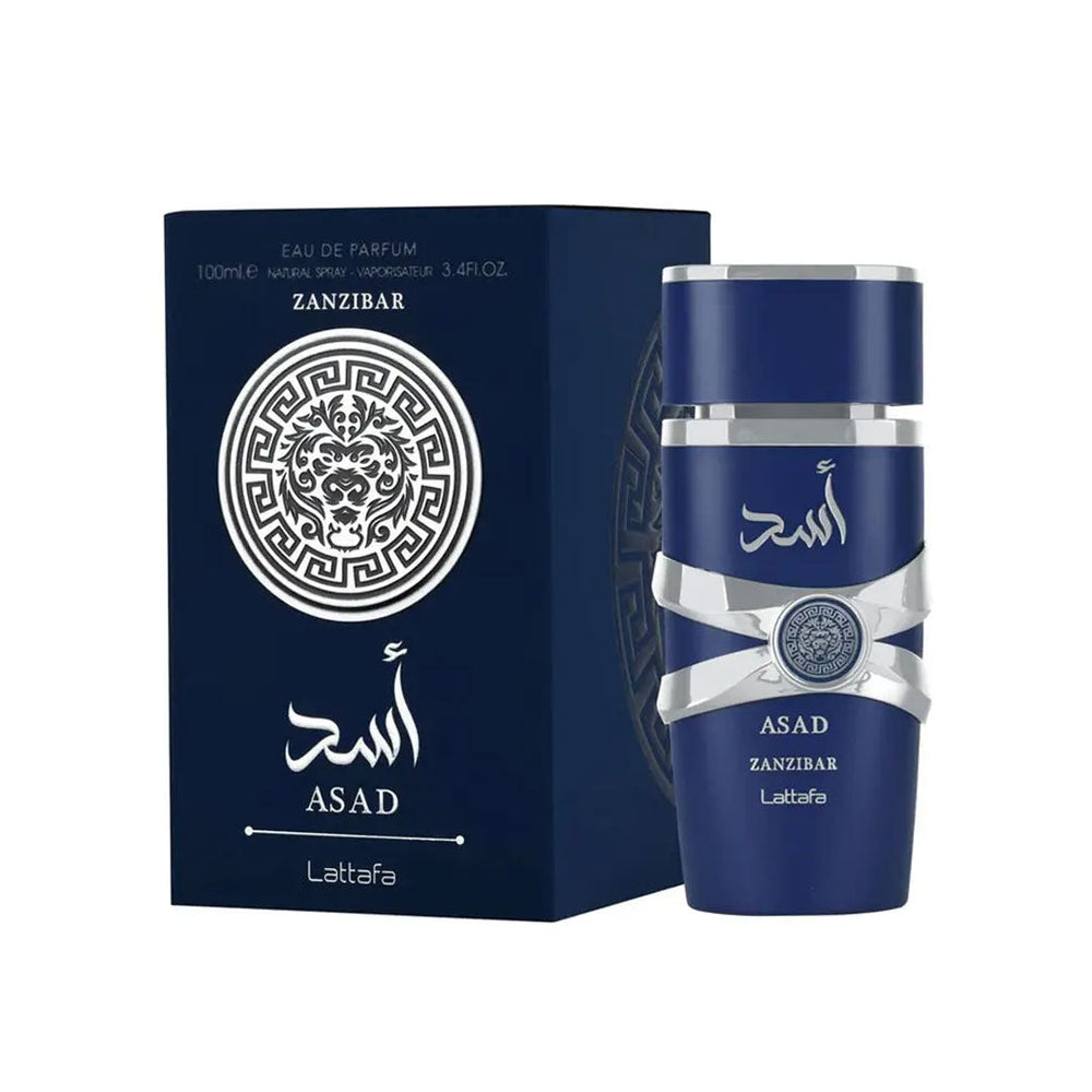 Lattafa Asad Zanzibar EDP 100ml men's perfume fragrance bottle, front view. Image 1 of 3.