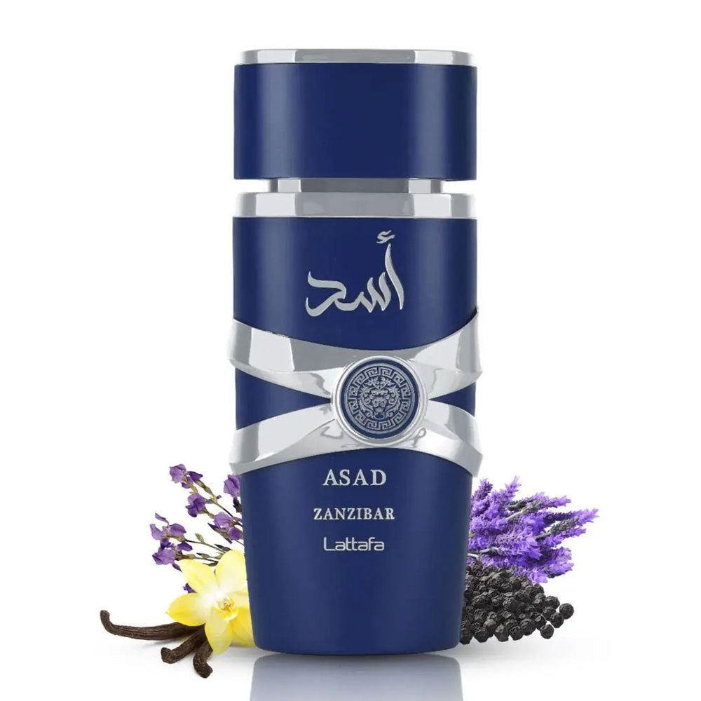 Lattafa Asad Zanzibar EDP 100ml men's perfume fragrance, front view. Image 2 of 3.