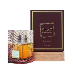 Lattafa Khamrah Dukhan EDP 100ml. Rich, spicy perfume bottle.
