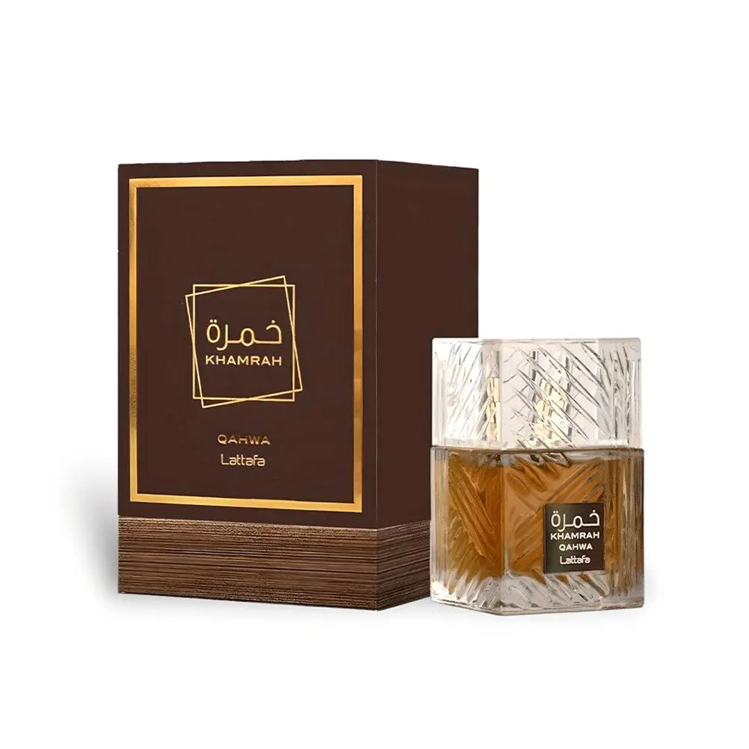 Lattafa Khamrah Qahwa EDP 100ml fragrance, first image. Warm, inviting scent for men & women.