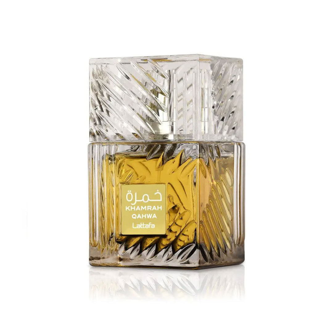 Lattafa Khamrah Qahwa EDP 100ml bottle with Arabic coffee beans, unisex fragrance, product shot 2 of 2.