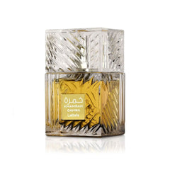 Lattafa Khamrah Qahwa EDP 100ml bottle with Arabic coffee beans, unisex fragrance, product shot 2 of 2.