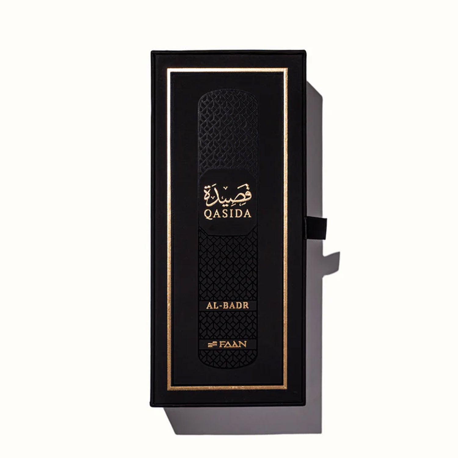 Qasida Al Badr 200ml perfume, luxurious fragrance bottle, close-up, elegant design.
