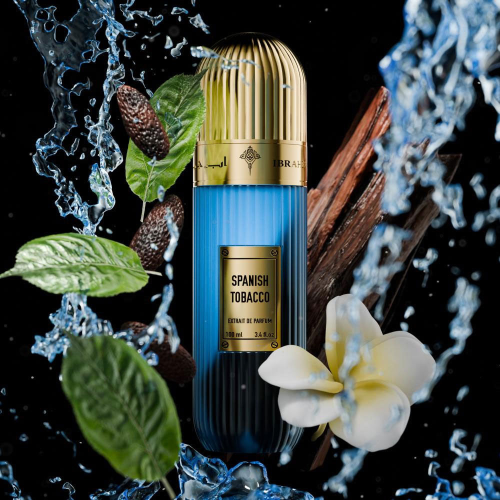 IBRAQ Spanish Tobacco Perfume 100ML by Ibrahim Al Qurashi, bottle with rich, warm brown liquid, 2 of 2.