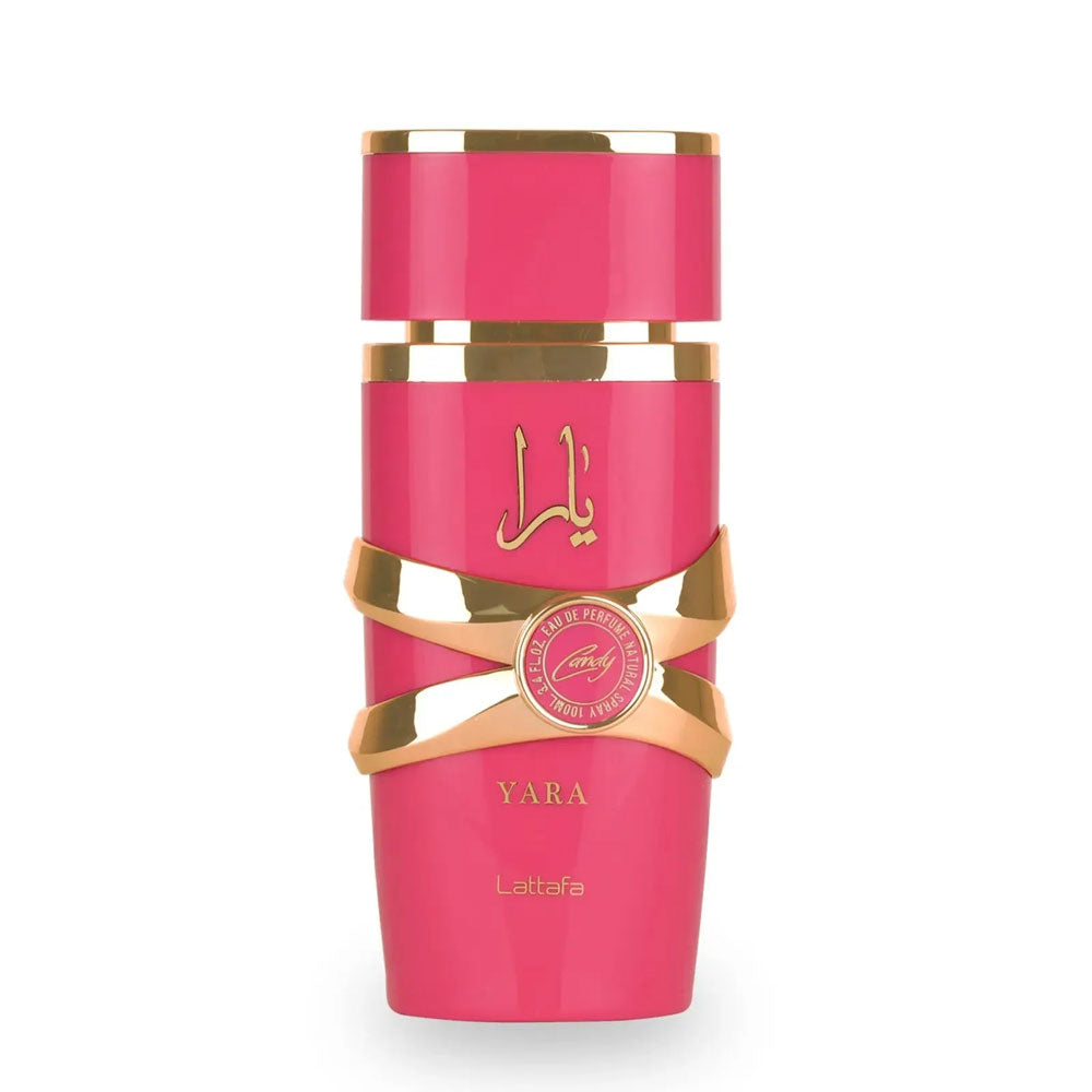 Yara Candy Lattafa EDP 100ml, sweet fragrance perfume bottle, front view.