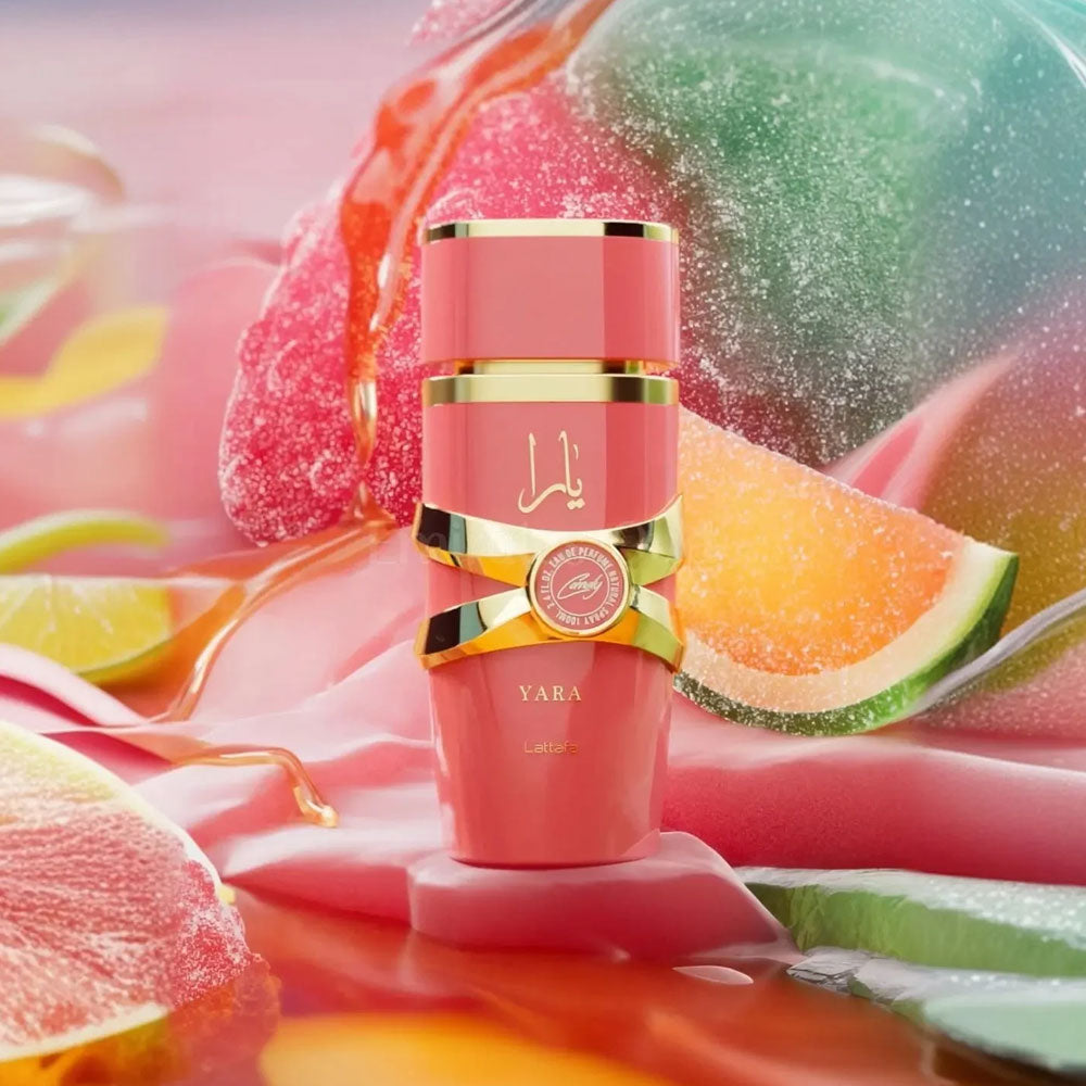Yara Candy Lattafa EDP 100ml, sweet fragrance perfume bottle, front view, product shot 2 of 3.