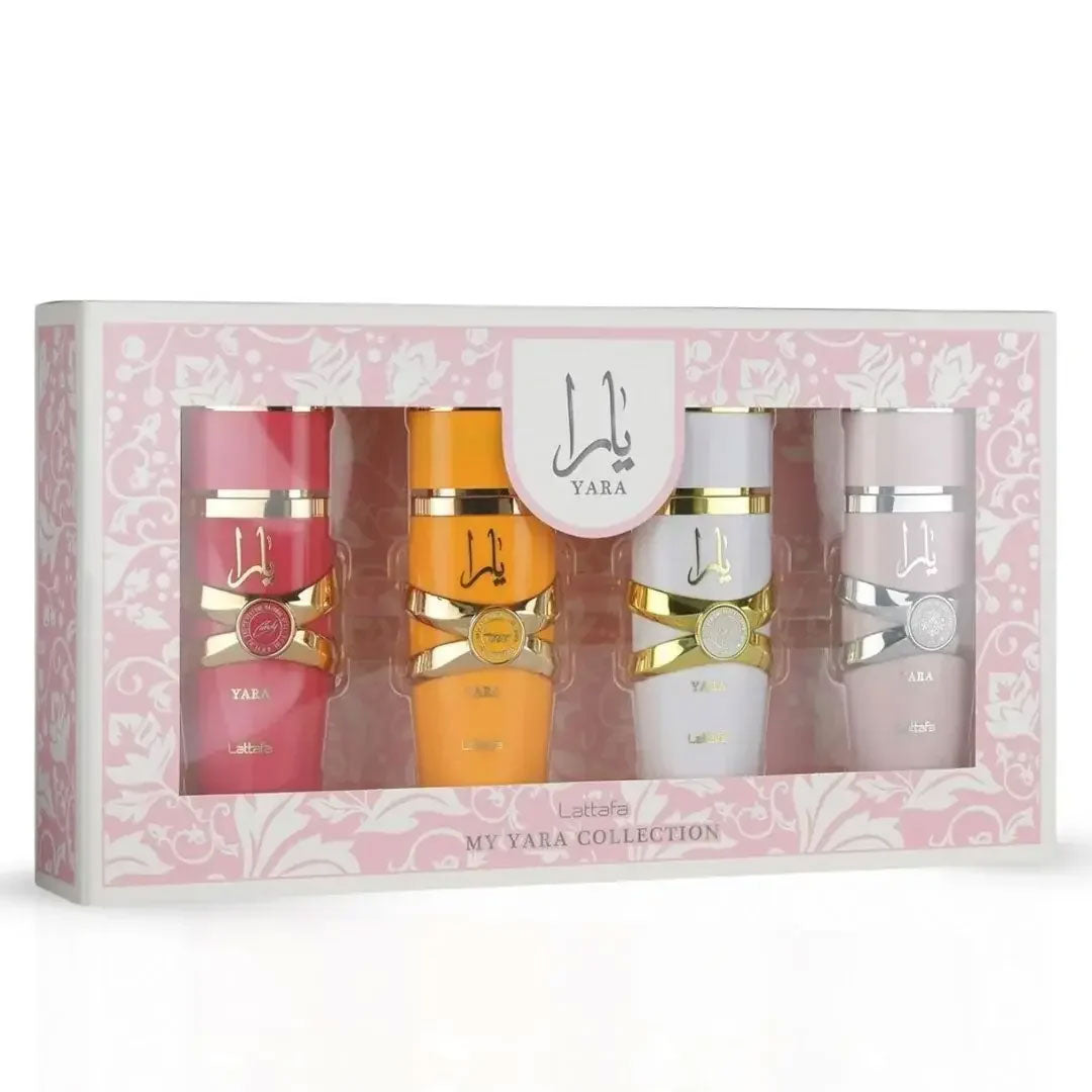 Lattafa My Yara Perfume Set, 4-piece collection, bottle and packaging, image 1 of 3.
