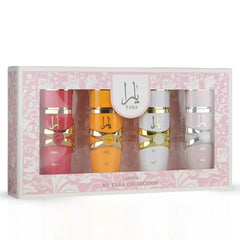 Lattafa My Yara Perfume Set, 4-piece collection, bottle and packaging, image 1 of 3.