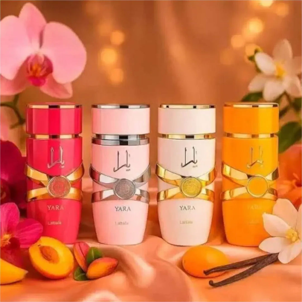 Lattafa My Yara Perfume Set - 4 Piece Collection, bottle and box detail. Image 2 of 3.