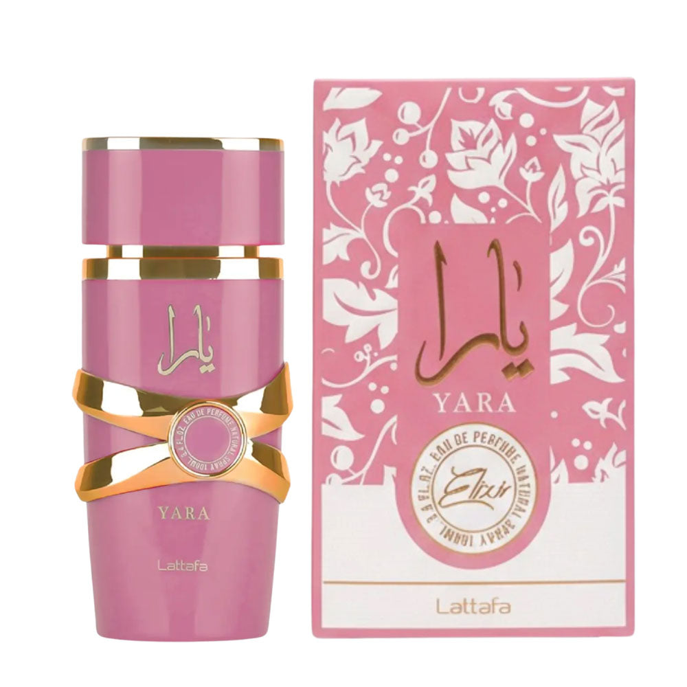 Yara Elixir Lattafa EDP 100ml bottle, showing the elegant pink and gold design, luxurious women's perfume.